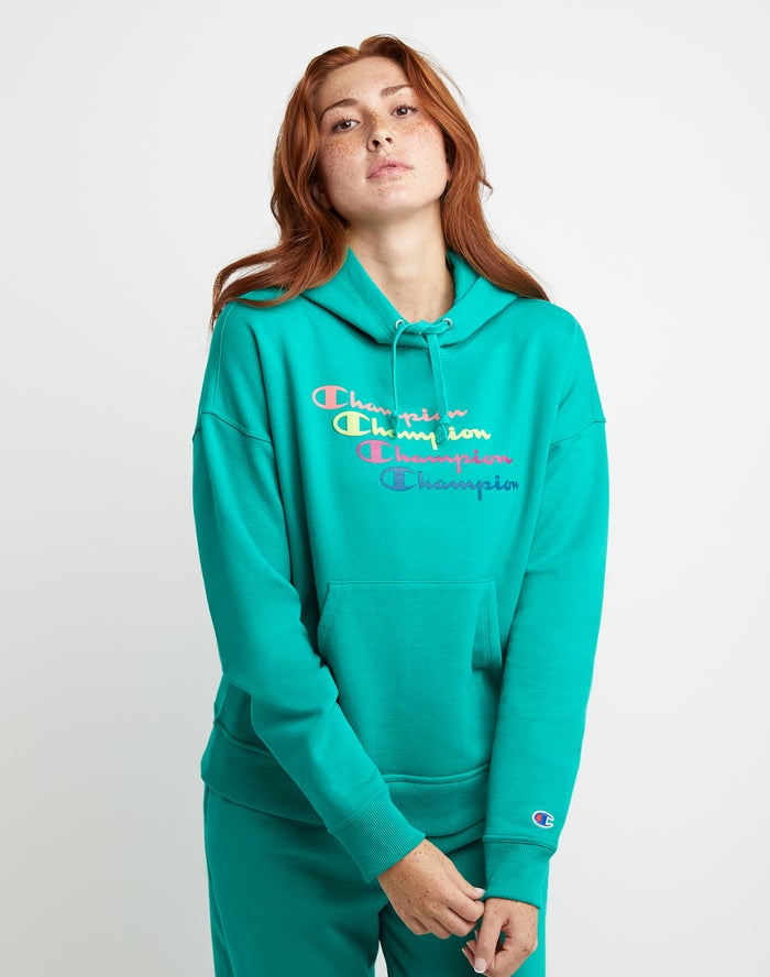 Hanorac Cu Gluga Champion Powerblend Fleece Relaxed Stacked Scripts Logo Dama Turcoaz - Romania YGLB